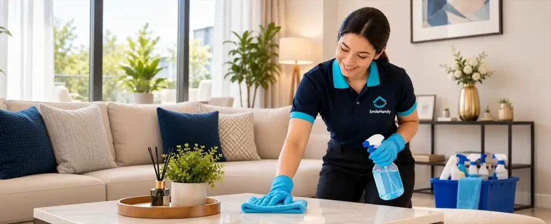 SmileHandyy professional cleaning a living room